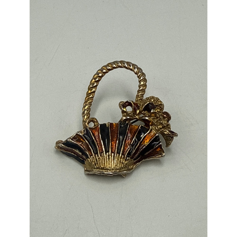 Vtg Gold Tone Enamel Basket Brooch Orange Black Fan Design Pin Novelty Accessory